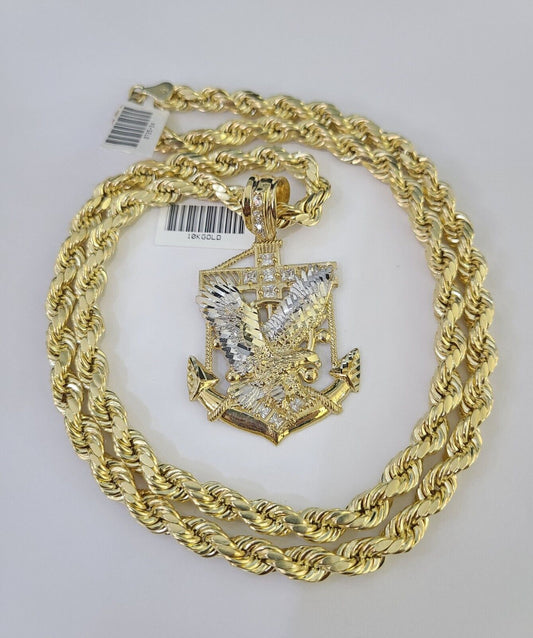 Real 10k Rope Chain Eagle Anchor Charm Set 7mm 20"-28" Inch Necklace Yellow Gold