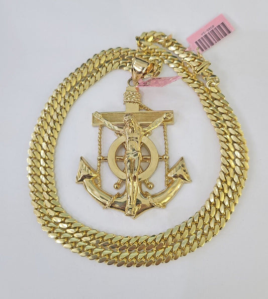 Real 14k Solid Chain Jesus Anchor Charm Set Miami Cuban 6mm Necklace Pendant