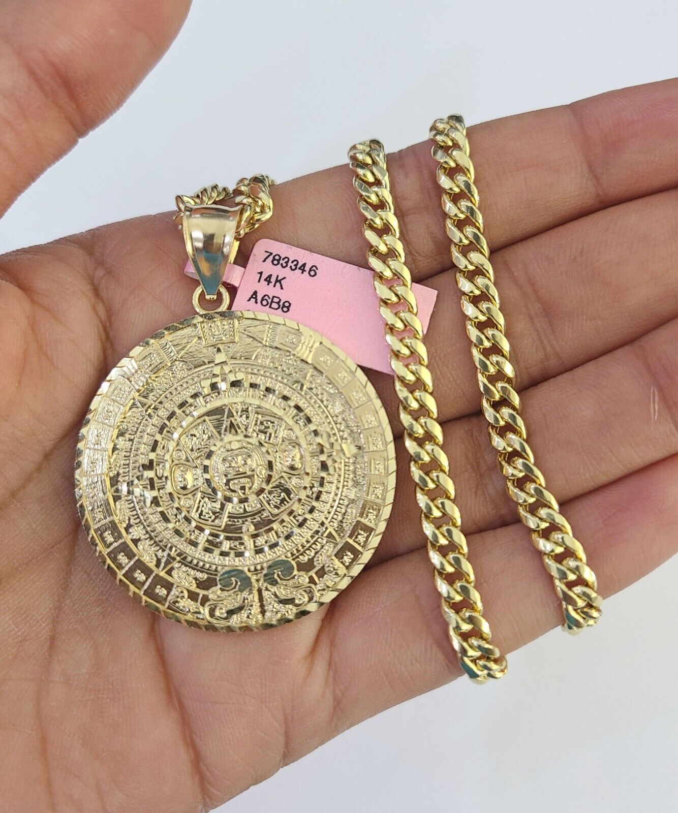 14k Chain Mayan Calendar Charm Set Miami Cuban Link 5mm 18"-30" Necklace Pendant