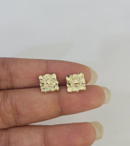 Square 10k Nugget Earrings Yellow Gold Push Back Hoop Real Men Women