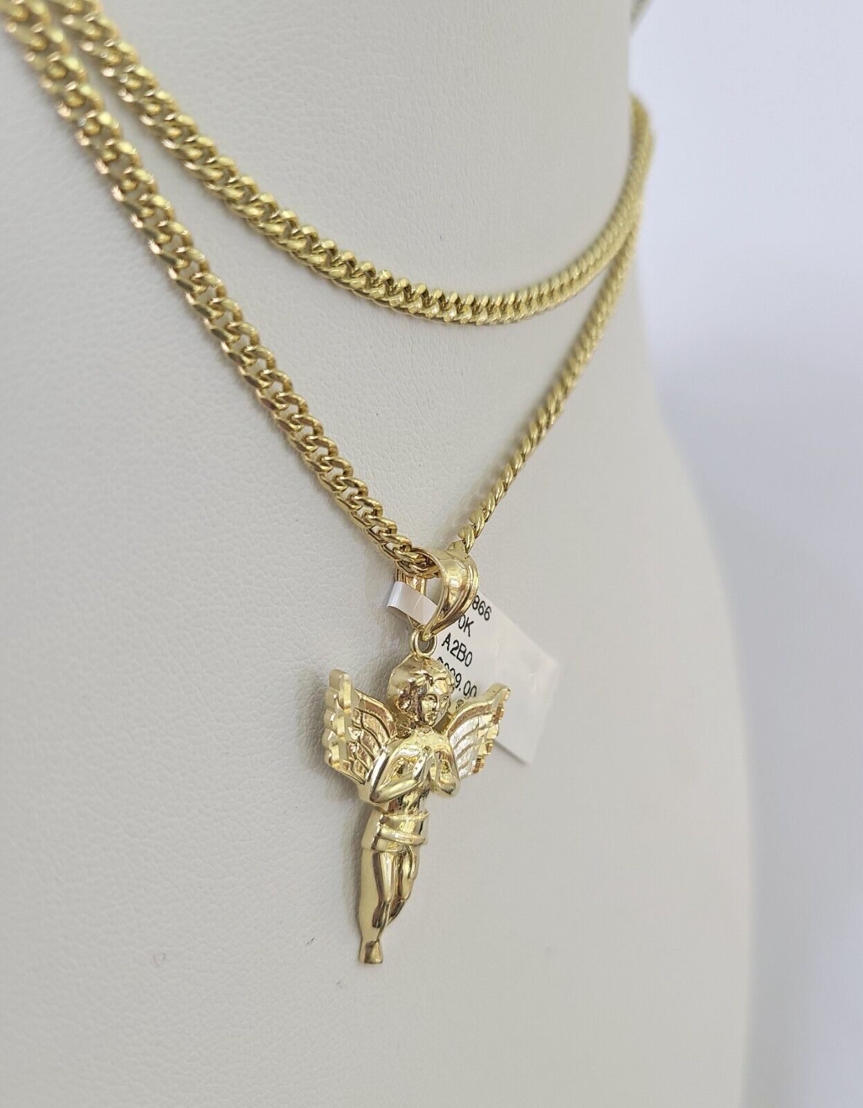 10K Gold Miami Cuban Chain Praying Angel Charm 18"-30" 3mm REAL Pendant