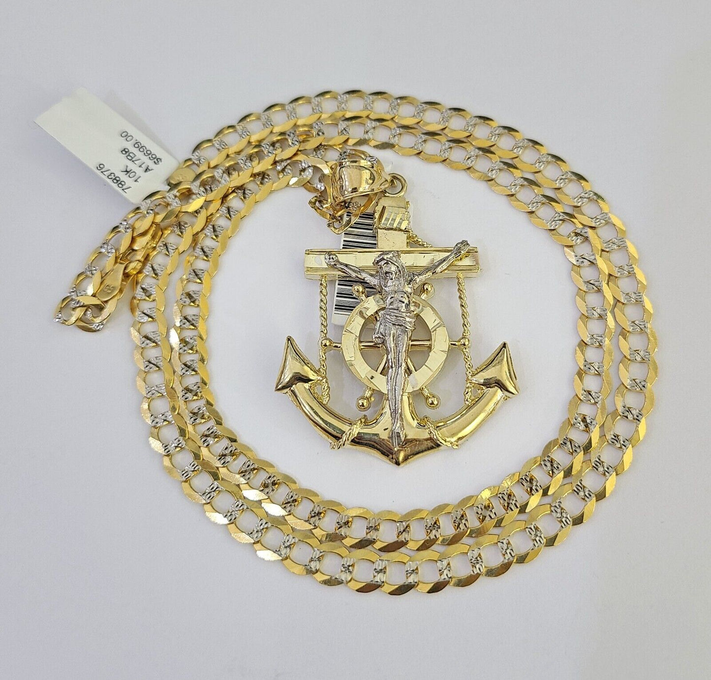 10k Solid Gold Cuban Curb Chain Jesus Anchor Pendant 6mm 20"-30" SET Necklace