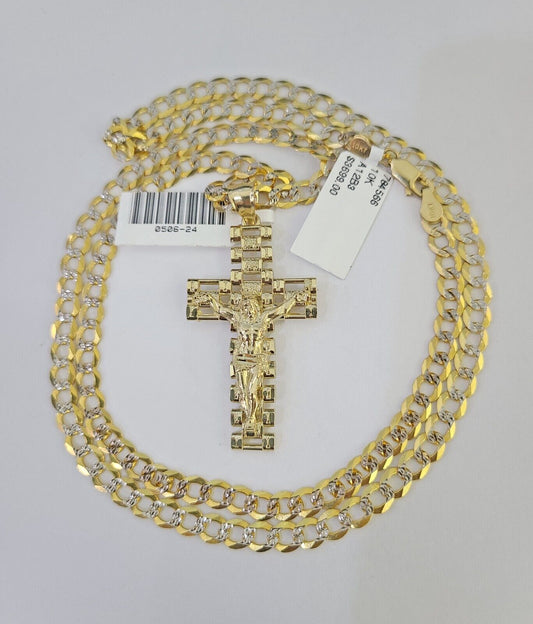 10k Gold Chain Cross Charm Solid Cuban Curb Link 5mm 18"-28" Inch DiamondCut SET