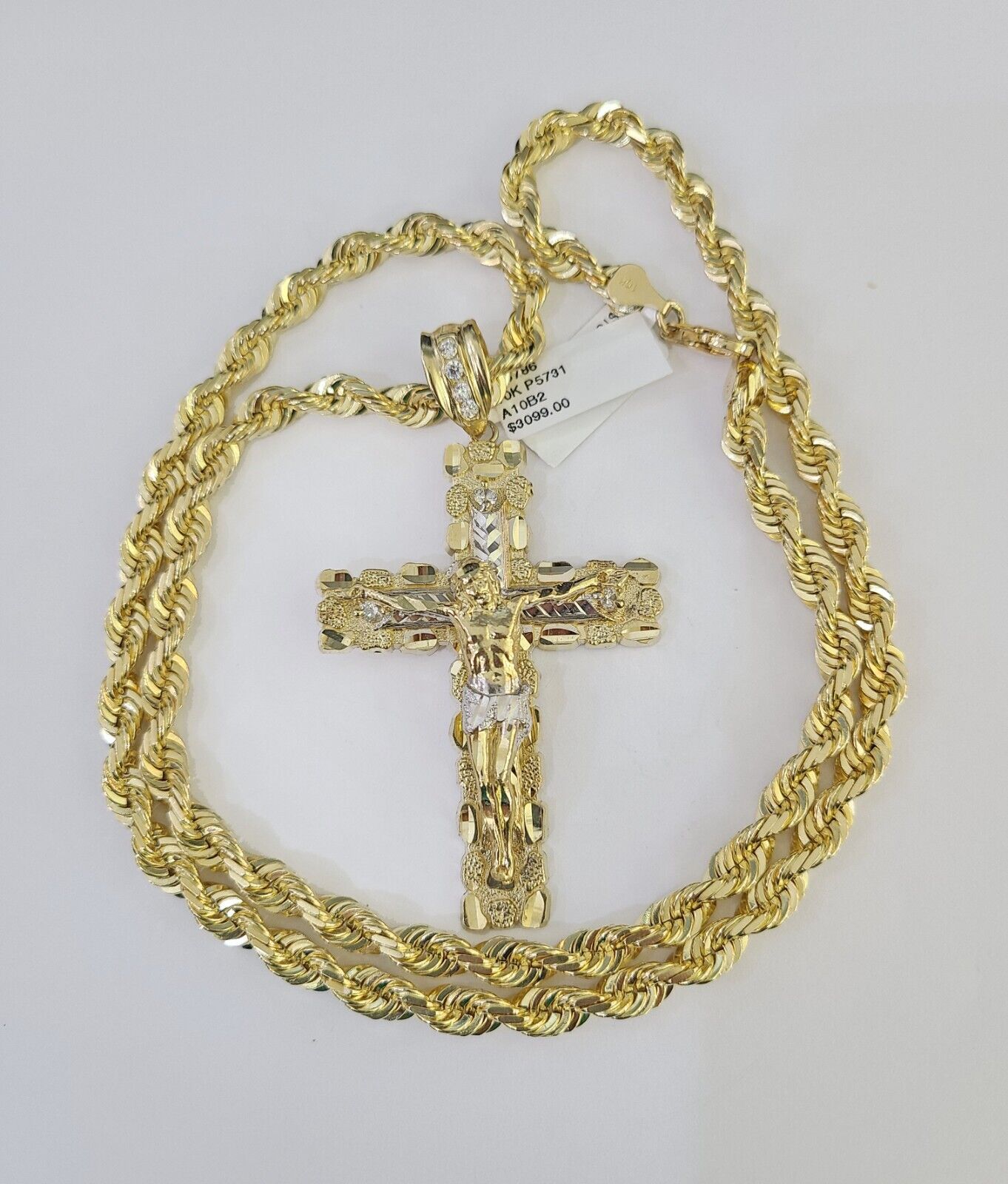 Real 10k Solid Rope Chain Nugget Cross Charm Set 6mm 20"-30" Inch Necklace Gold