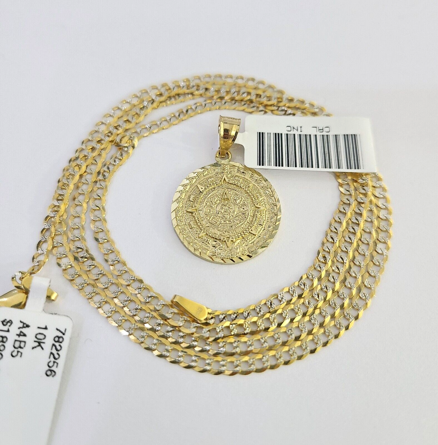 10k Solid Gold Cuban Curb Chain Mayan Calendar Pendant 2mm 18"-24" SET Necklace