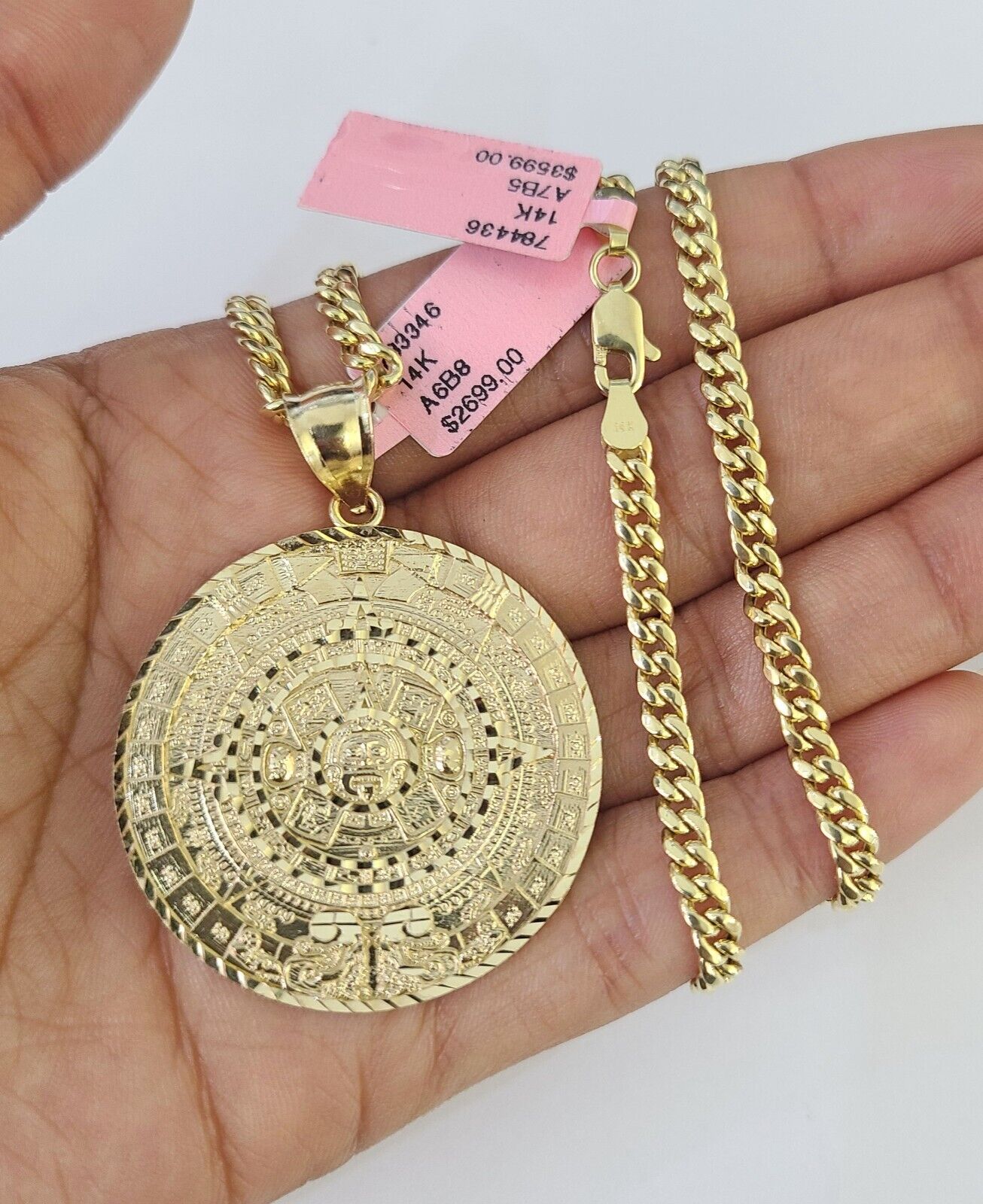 Real 14k Chain Mayan Calendar Charm Set Miami Cuban Link 4mm Necklace Pendant