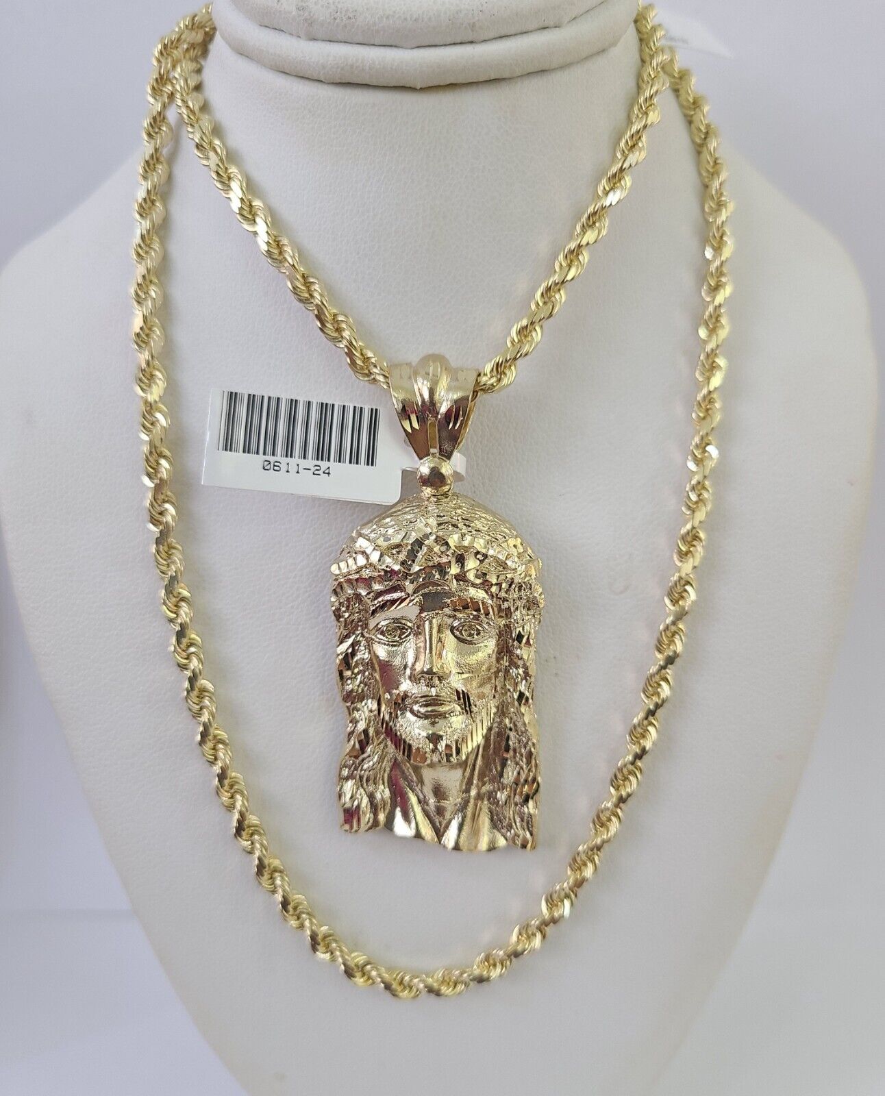 10k Solid Rope Chain Jesus Head Charm Set 4mm 20"-28" Necklace Gold Yellow