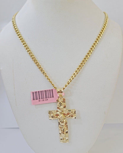 10k Yellow Gold Chain Cross Charm Set Miami Cuban Link Necklace Pendant DISCOUNT