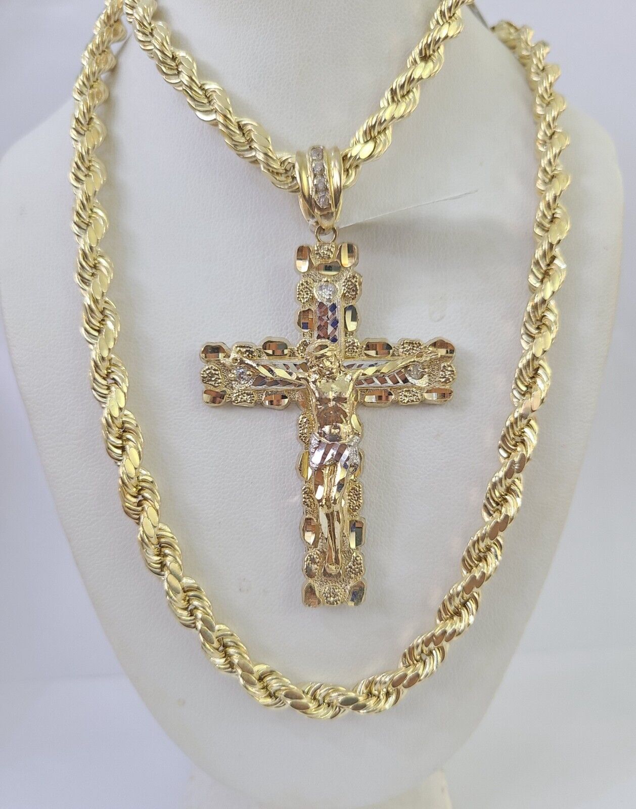 Real 10k Rope Chain Jesus Cross Charm Set 7mm 20"-28" Inch Necklace Yellow Gold