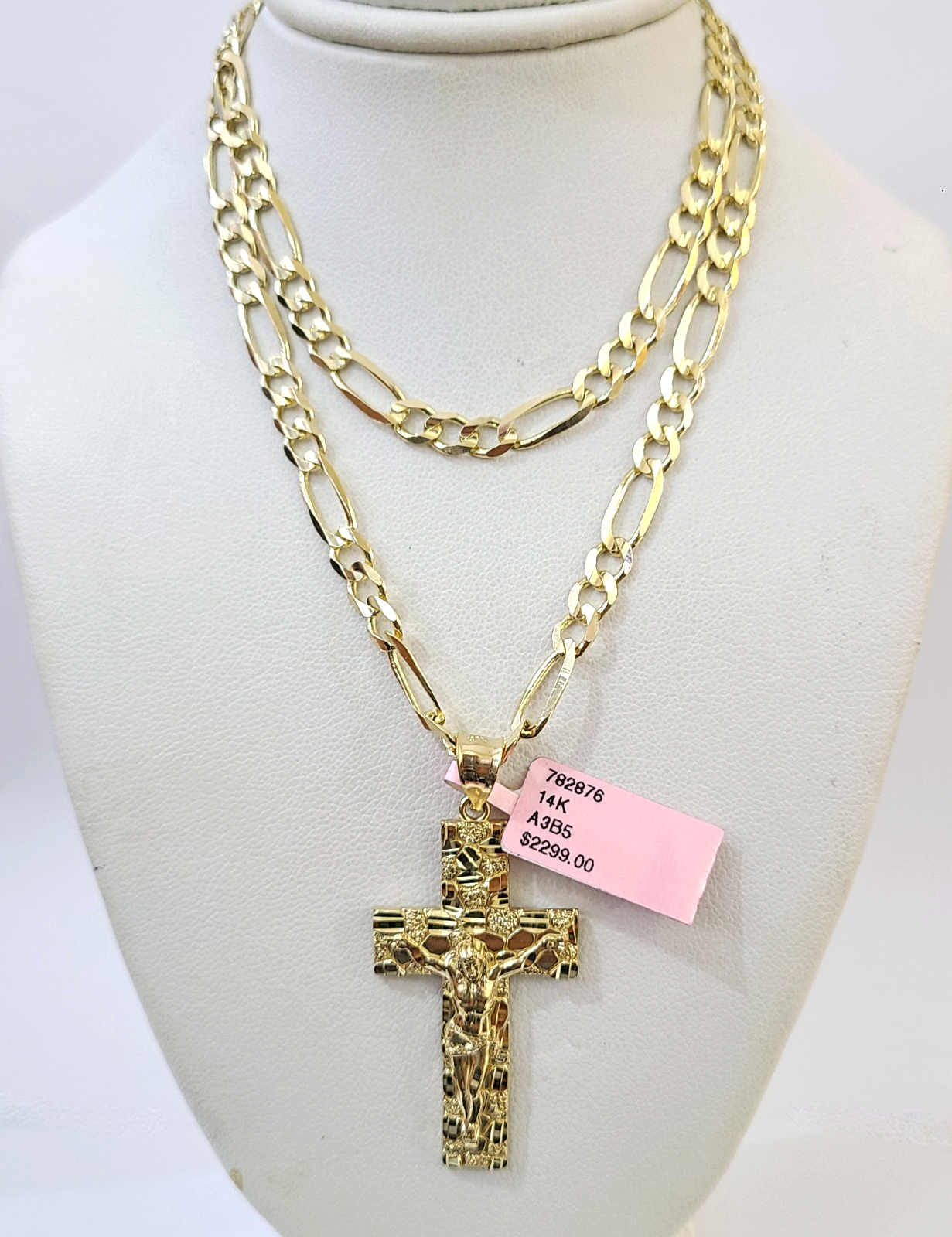 14k Solid Figaro Chain Nugget Cross Pendant Gold 5mm 18-28 inch SET Necklace