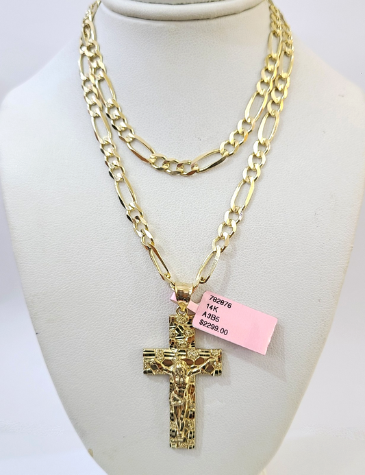 14k Solid Figaro Chain Nugget Cross Pendant Gold 5mm 18-28 inch SET Necklace