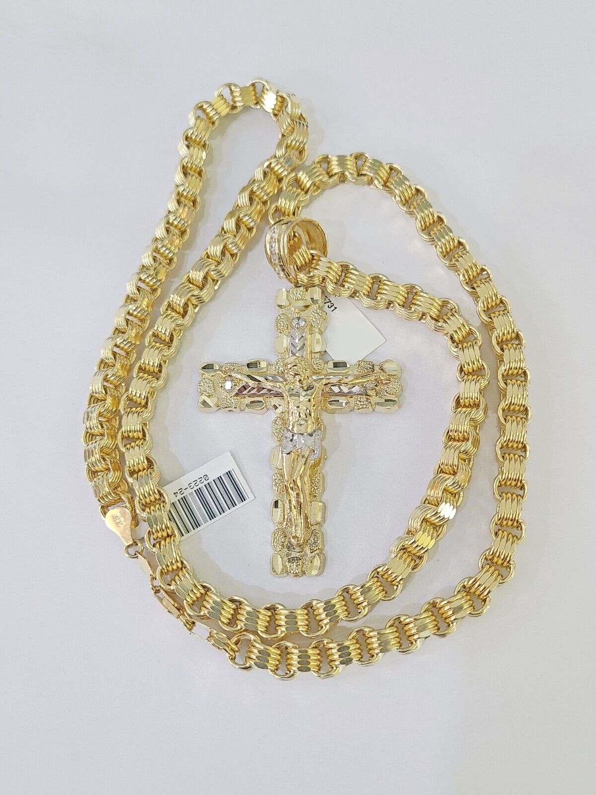 Real 10k Gold Nugget Cross Byzantine Chain Necklace 6mm 24" Chain SET Yellow