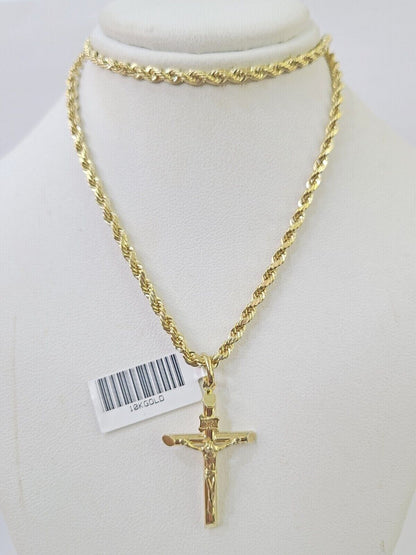 Real 10k 3mm Rope Chain INRI Cross Pendant 18" 20" 22" 24" 26" Gold Set