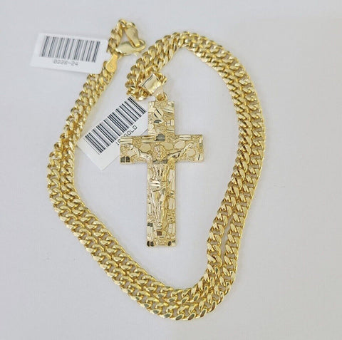 Real 10k Yellow Gold Chain Cross Charm Set 4mm Miami Cuban Link Necklace Pendant