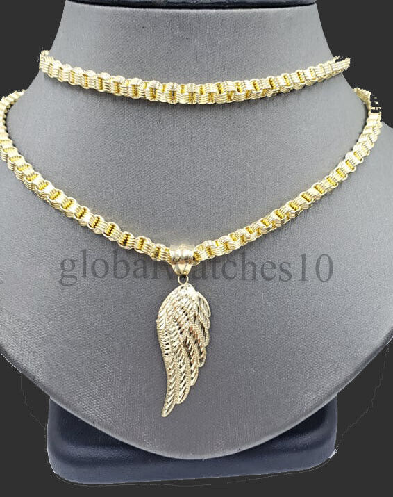 10k Yellow Gold Angel Wing Pendant Charm 10k Solid Rope palm Byzantine chain Set