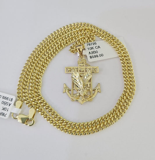 10K Gold Miami Cuban Chain Eagle Anchor Charm 18"-28" 3mm REAL Pendant Necklace