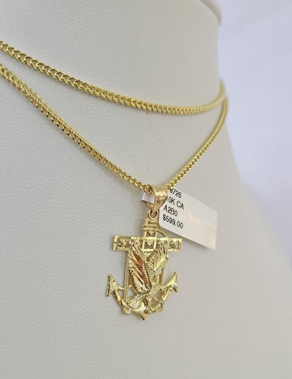 10K Franco Chain Eagle Anchor Pendant Charm Necklace 16"-24" 2mm Gold SET Yellow