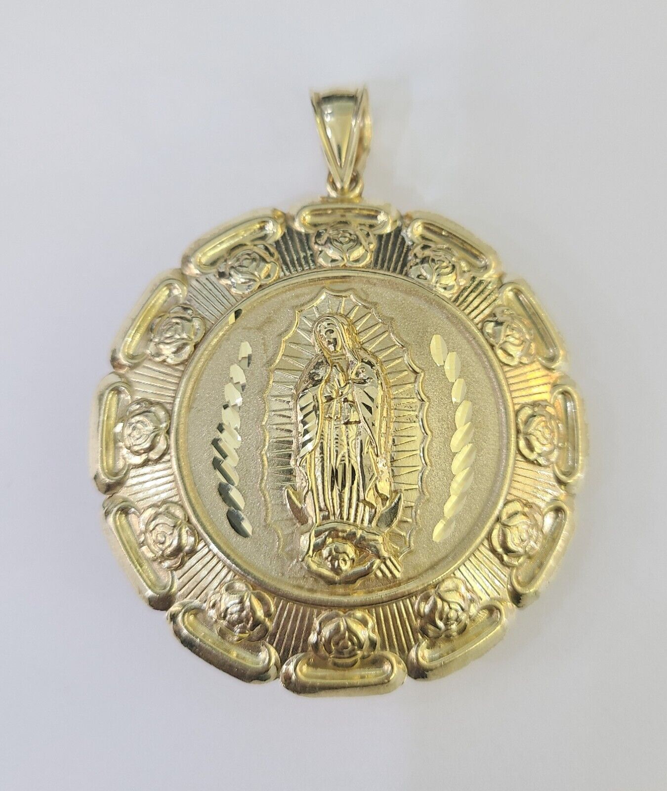 Real 10K Jesus Virgin Mary Pendent Charm Two Sided 10kt yellow Gold 3" Guadalupe