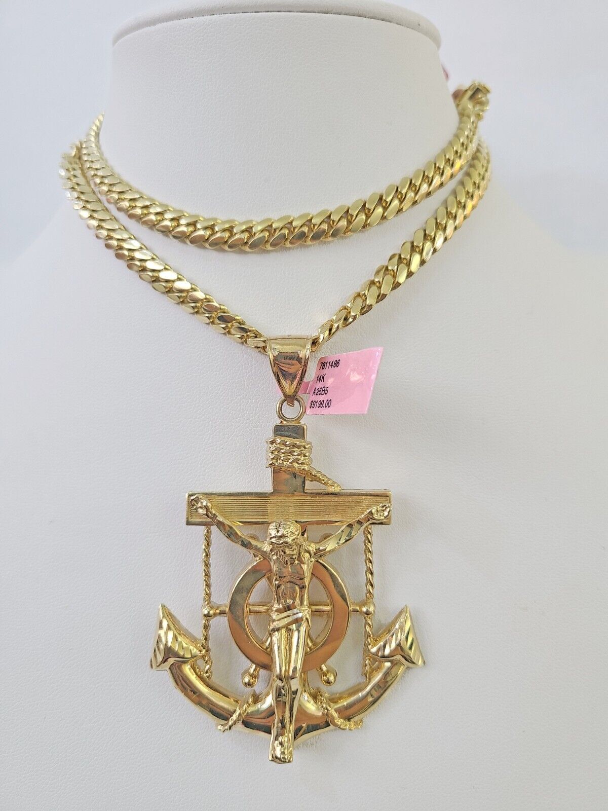 Real 14k Solid Chain Jesus Anchor Charm Set Miami Cuban 6mm Necklace Pendant