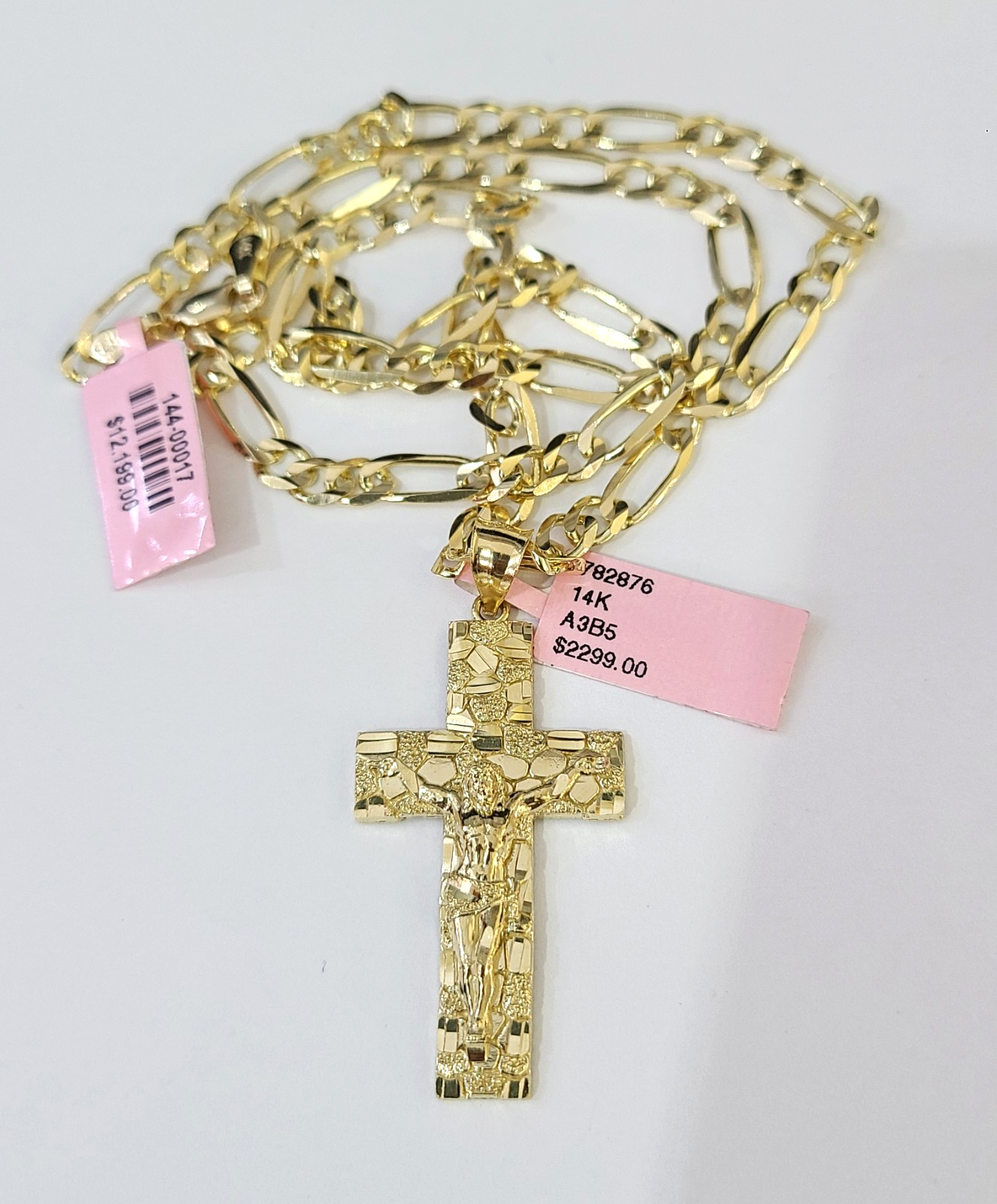 14k Solid Figaro Chain Nugget Jesus Cross Pendant Gold 4mm 18"-28" SET Necklace