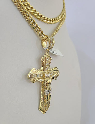 10K Miami Cuban Link Chain Jesus Cross Pendent Charm 6mm 20"-30" Necklace