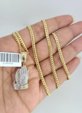 10K Solid Gold Miami Cuban Chain SET Diamond Praying Hands Charm 18"-26" 2.5mm