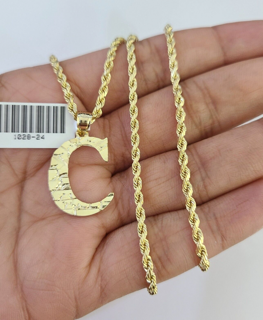 10k Gold Initial C Charm Rope Chain 16"-26" 2.5mm SET Necklace Alphabet Pendant