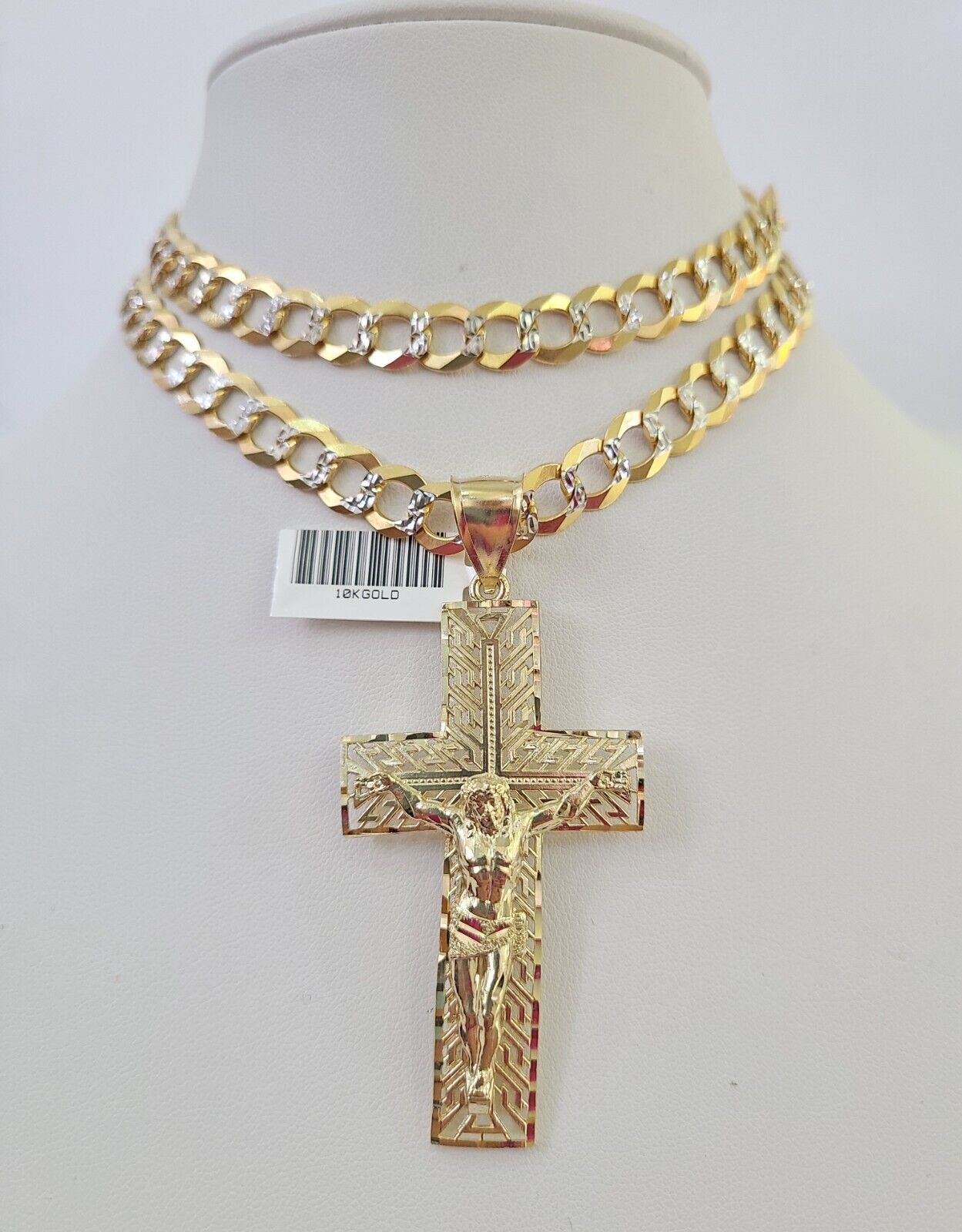 10k Gold Chain Cross Charm Solid Cuban Curb Necklace 9mm 20"-30" Diamond Cut SET