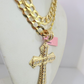 14k Gold Chain Jesus Cross Charm Solid Cuban Curb 10mm 20"-30" SET Necklace