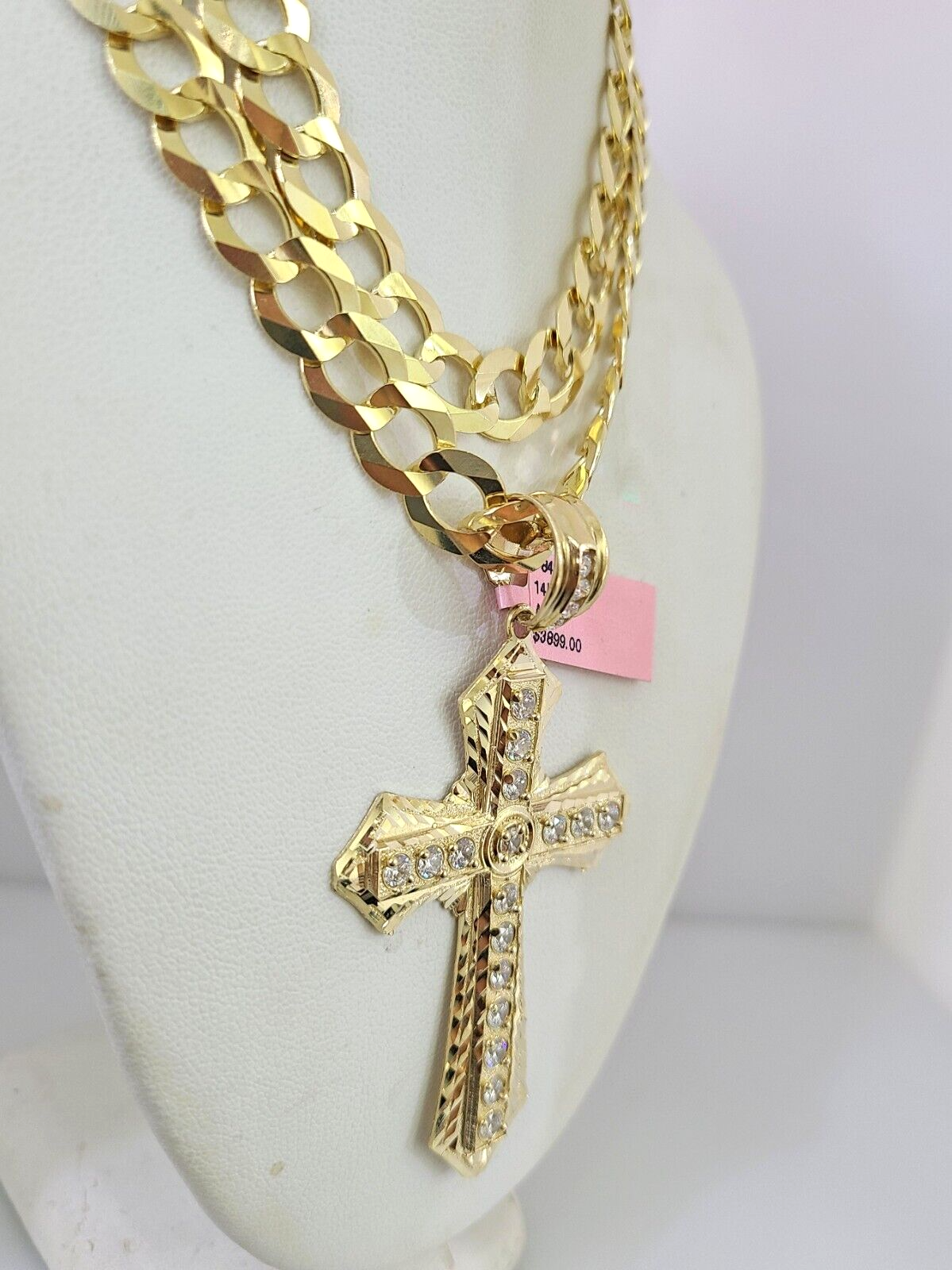 14k Gold Chain Jesus Cross Charm Solid Cuban Curb 10mm 20"-30" SET Necklace