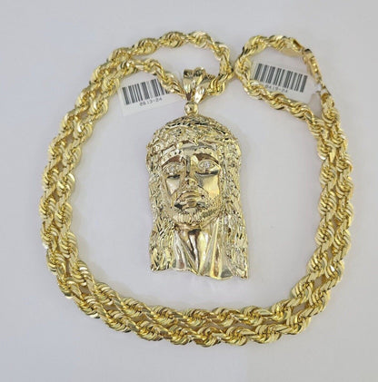 Real 10k Solid Rope Chain Jesus Head Charm Set 6mm 20"-30" Inch Necklace Gold