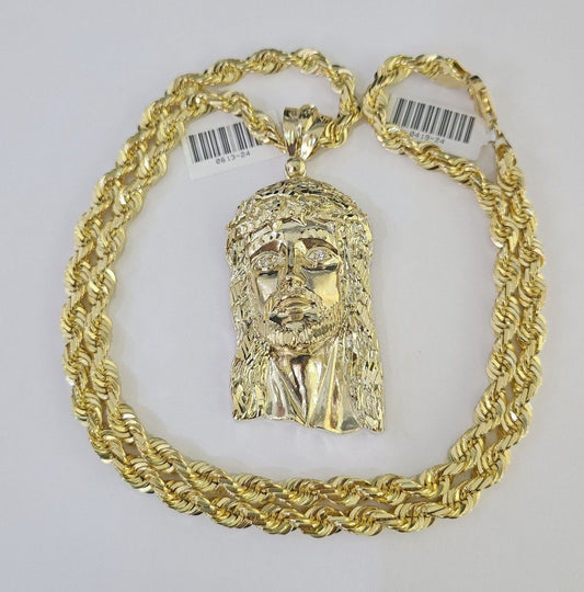 Real 10k Solid Rope Chain Jesus Head Charm Set 6mm 20"-30" Inch Necklace Gold