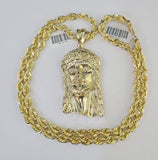 Real 10k Solid Rope Chain Jesus Head Charm Set 6mm 20"-30" Inch Necklace Gold