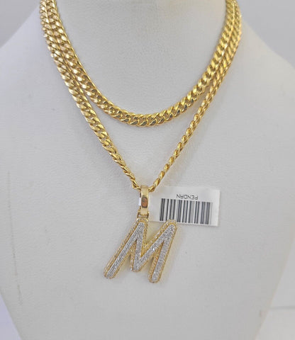 10k Miami Cuban Chain M Diamond Charm Set 4mm 18-26"Yellow Gold Necklace Pendant