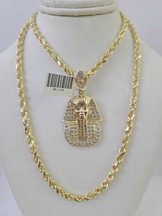 10k Solid Rope Chain Pharaoh Charm Set 4mm 20"-28" Necklace Gold Yellow