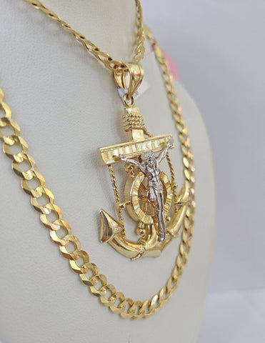 14k Gold Chain Jesus Anchor Charm Solid Cuban Curb 5mm 20"-28" SET Necklace