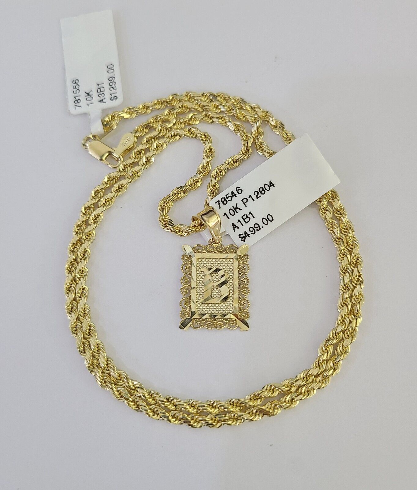 10k Gold Initial B Charm Rope Chain 16"-26" 2.5mm SET Necklace Alphabet Pendant