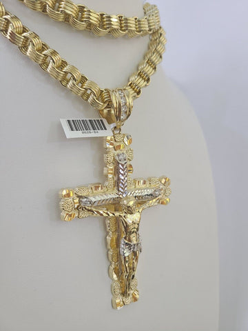 10k Gold Byzantine Necklace Jesus Cross Charm 20-30 inches 9mm REAL SET Chain