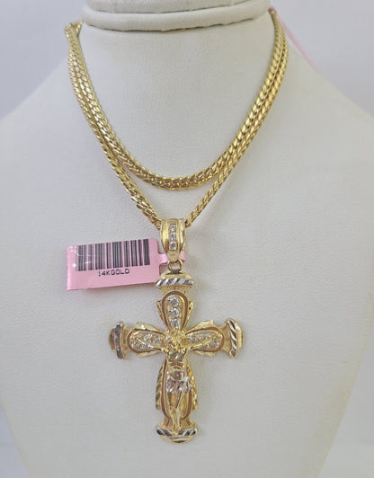 Real 14k Solid Chain Cross Charm Set Miami Cuban Link 3mm Necklace Pendant Gold