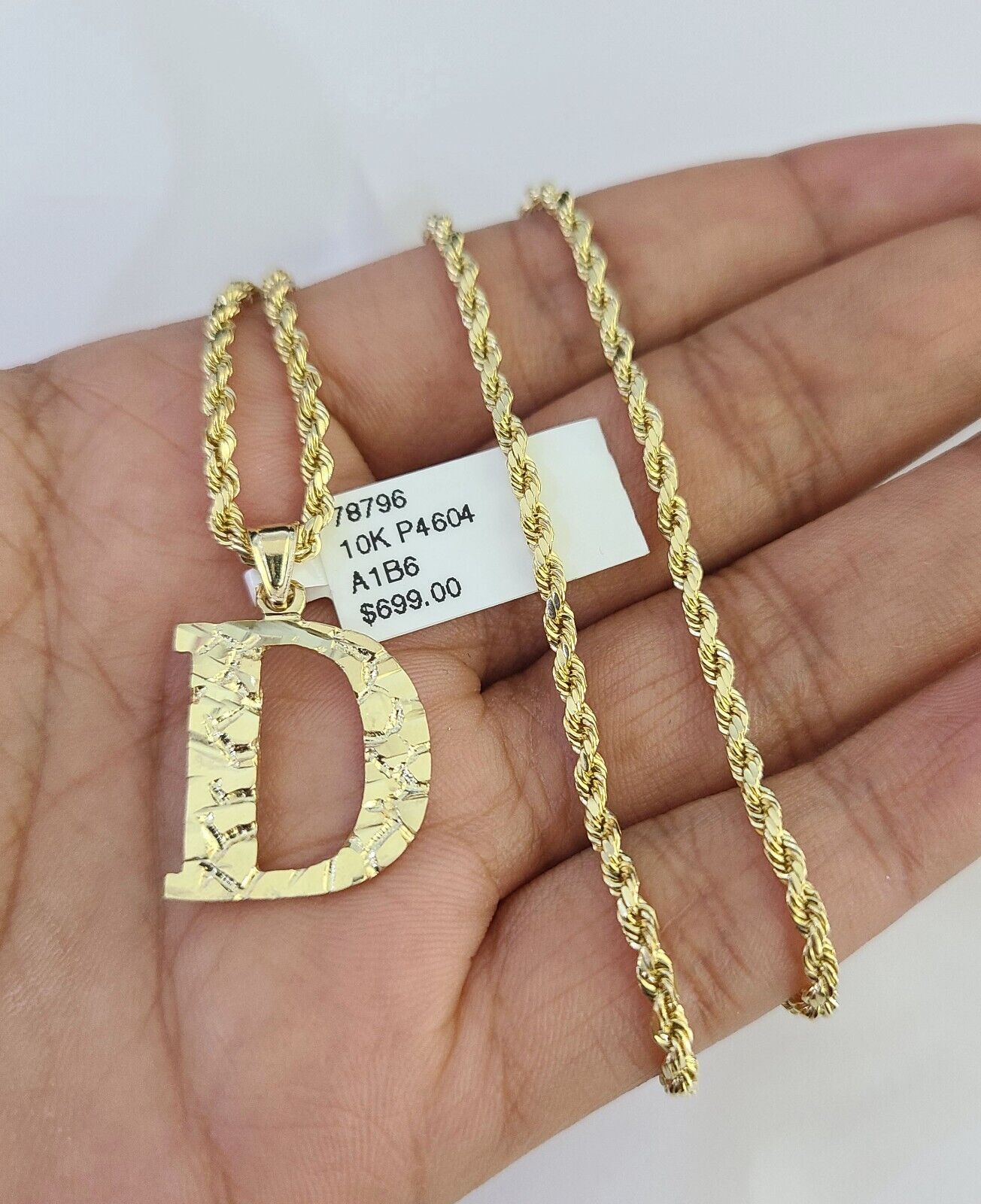 10k Gold Initial D Charm Rope Chain 16"-26" 2.5mm SET Necklace Alphabet Pendant