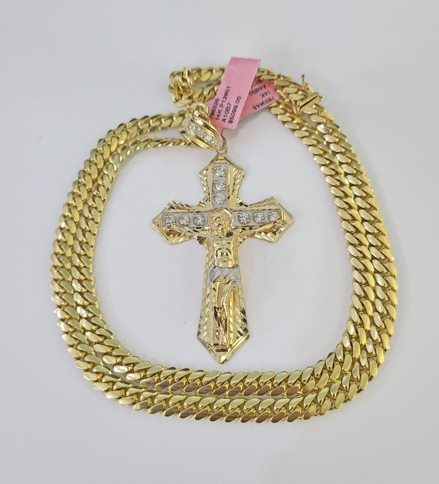 Real 14k Solid Chain Cross Charm Set Miami Cuban Link 6mm Necklace Pendant Gold