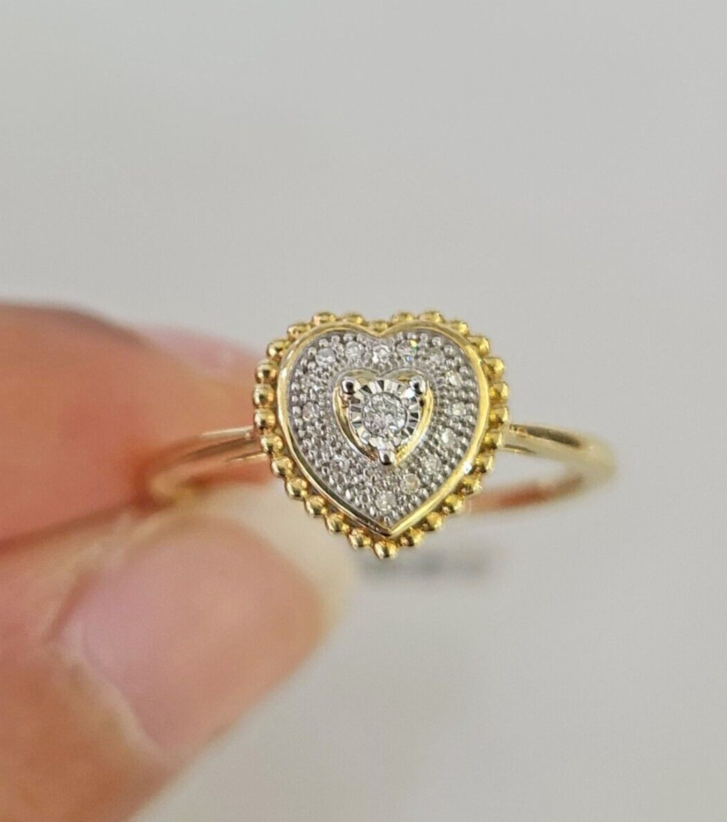 Real 10k Hearts Diamond Ladies Ring Women Casual 10Kt Yellow Gold