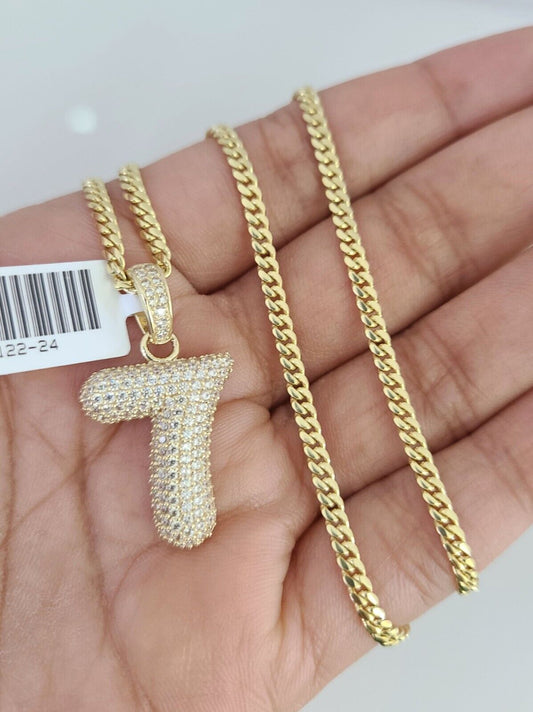10K Solid Gold Miami Cuban Chain 2.5mm Number 7 Seven Charm SET 18"-24" Pendant