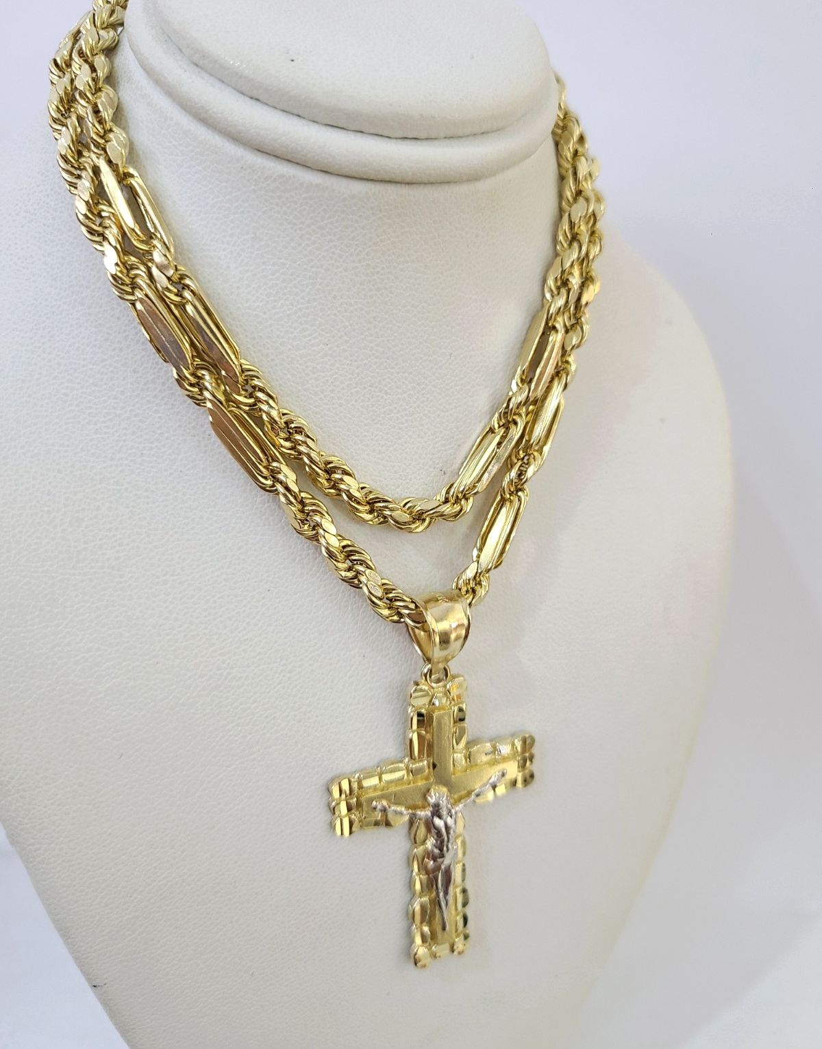 10k Milano Rope Chain Jesus Cross Charm Necklace SET 5mm 18"-28" Pendant