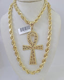 Real 10k Rope Chain Jesus Cross Charm Set 7mm 20"-28" Inch Necklace Yellow Gold