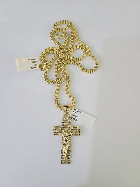 10k Gold Byzantine Necklace Jesus Cross Charm 18-28 inch 3mm SET Chain Pendant