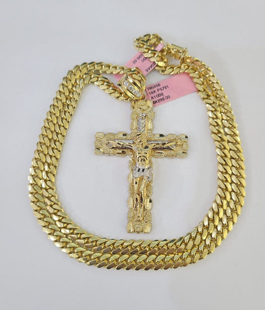 Real 14k Solid Chain Cross Charm Set Miami Cuban Link 6mm Necklace Pendant Gold