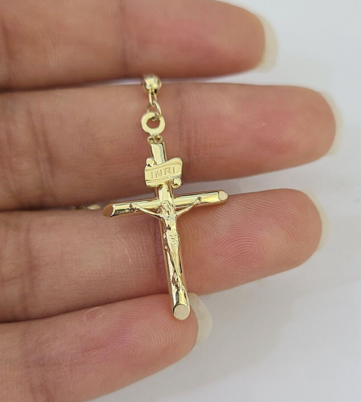 Real 14k Gold Rosary Necklace INRI Jesus Cross Women 22" Diamond Cut Solid