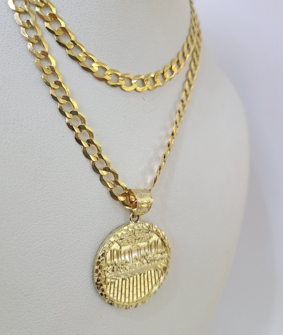 10k Gold Chain Last Supper Nugget Pendant Cuban Curb Link 5mm 18"-28" Inch SET