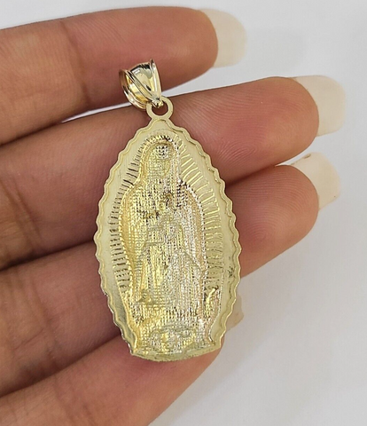 Real 10K Virgin Mary Pendent Charm 10kt Yellow Gold 1.5" Oval Holy Mother